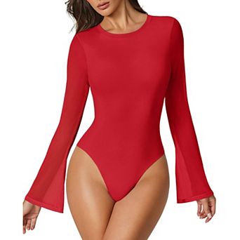 Avidlove Womens Mesh Bell Long Sleeve Crew Neck Bodysuit