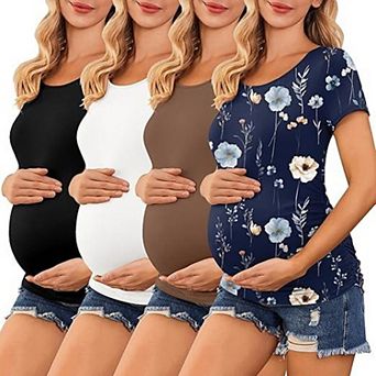 Ekouaer Four Pack Women Maternity Shirts Crew Neck Side Ruched Pregnancy Tops New Mama Clothes