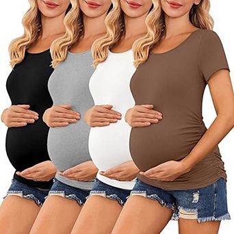 Ekouaer Four Pack Women Maternity Shirts Crew Neck Side Ruched Pregnancy Tops New Mama Clothes