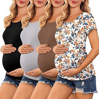 Ekouaer Four Pack Women Maternity Shirts Crew Neck Side Ruched Pregnancy Tops New Mama Clothes