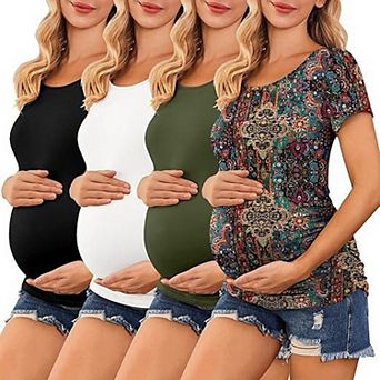 Ekouaer Four Pack Women Maternity Shirts Crew Neck Side Ruched Pregnancy Tops New Mama Clothes