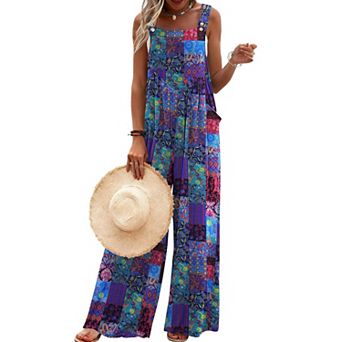 Ekouaer Women's Casual Overalls Loose Wide Leg Jumpsuits Summer Boho Floral Printed Baggy Rompers