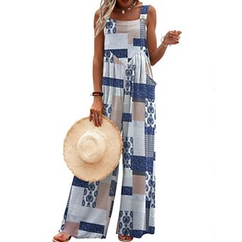 Ekouaer Women's Casual Overalls Loose Wide Leg Jumpsuits Summer Boho Floral Printed Baggy Rompers