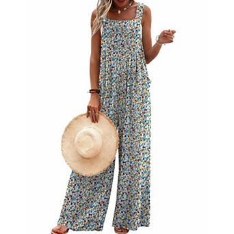 Ekouaer Women's Casual Overalls Loose Wide Leg Jumpsuits Summer Boho Floral Printed Baggy Rompers
