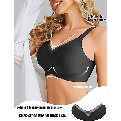 Avidlove Womens Seamless V Neck Mesh Detail Wireless Comfort Full Coverage Bra