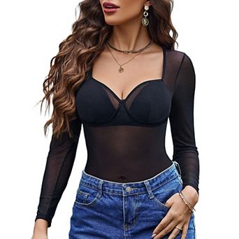 Avidlove Body Suits for Womens Lace Bodysuit Jumpsuit See Through Mesh Long Sleeve Tops