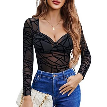 Avidlove Body Suits for Womens Lace Bodysuit Jumpsuit See Through Mesh Long Sleeve Tops