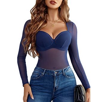 Avidlove Body Suits for Womens Lace Bodysuit Jumpsuit See Through Mesh Long Sleeve Tops