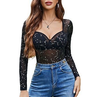 Avidlove Body Suits for Womens Lace Bodysuit Jumpsuit See Through Mesh Long Sleeve Tops