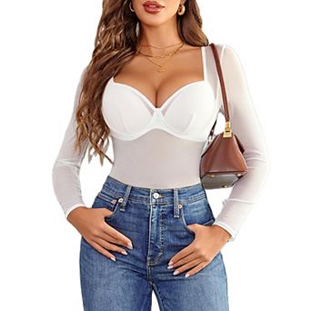 Avidlove Body Suits for Womens Lace Bodysuit Jumpsuit See Through Mesh Long Sleeve Tops