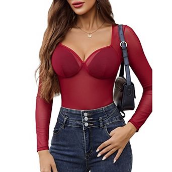 Avidlove Body Suits for Womens Lace Bodysuit Jumpsuit See Through Mesh Long Sleeve Tops