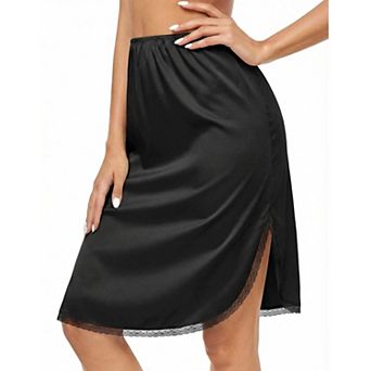 Avidlove Women Satin Lace Trim Knee Length Half Slip Underskirt With Elastic Waist And Side Slits