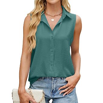 Women's Summer Collared Sleeveless Button-Up Vest Chiffon Solid Color Tops