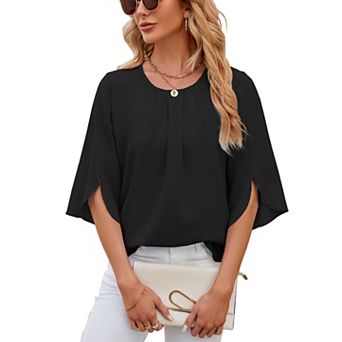 Womens Tops Dressy Casual Pleated Scoop Neck 3/4 Sleeve Summer Shirts