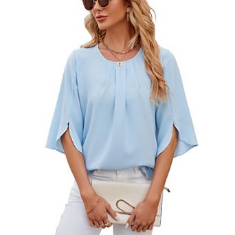 Womens Tops Dressy Casual Pleated Scoop Neck 3/4 Sleeve Summer Shirts