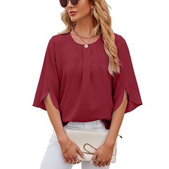 Womens Tops Dressy Casual Pleated Scoop Neck 3/4 Sleeve Summer Shirts