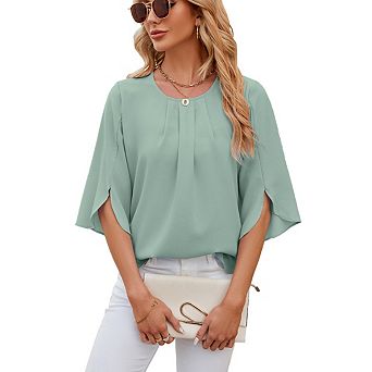 Womens Tops Dressy Casual Pleated Scoop Neck 3/4 Sleeve Summer Shirts