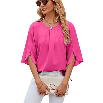 Womens Tops Dressy Casual Pleated Scoop Neck 3/4 Sleeve Summer Shirts