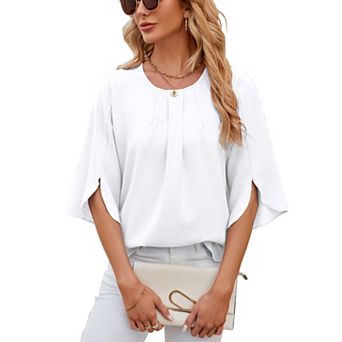 Womens Tops Dressy Casual Pleated Scoop Neck 3/4 Sleeve Summer Shirts