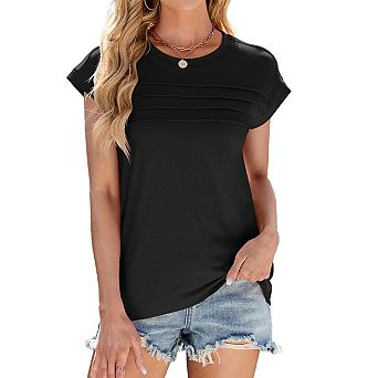 Women's Casual Shirt Cap Short Sleeve Summer Crew Neck Front Pleated Tops
