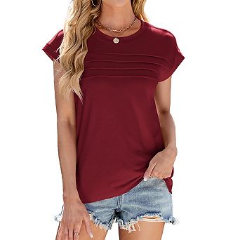 Women's Casual Shirt Cap Short Sleeve Summer Crew Neck Front Pleated Tops
