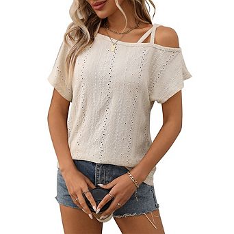 Women Summer Trendy Criss Cross Cold Shoulder Shirts Dressy Casual Tops