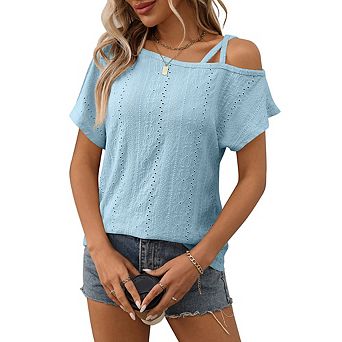Women Summer Trendy Criss Cross Cold Shoulder Shirts Dressy Casual Tops