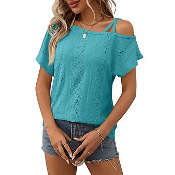 Women Summer Trendy Criss Cross Cold Shoulder Shirts Dressy Casual Tops