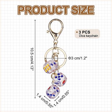 3Pcs Lucky Dice Keychain Charm, Resin 3D Cube Square Mini Dice Keyrings Holder with 3 Pendants