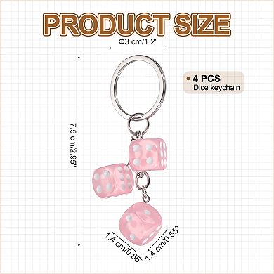 4 Pcs Lucky Dice Keychain Charm, Resin 3D Cube Square Mini Dice Keyring with 3 Pendants
