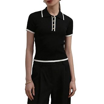 Women's Polo Collar Knit Top Short Sleeve Ribbed Button Front Casual Top Slim Fit Offic Shirt