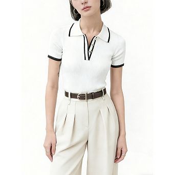 Women's Polo Collar Knit Top Short Sleeve Ribbed Button Front Casual Top Slim Fit Offic Shirt