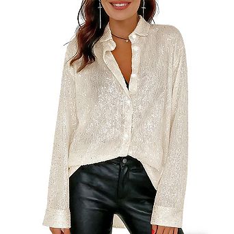 Women's Sparkly Button Down Shirt Long Sleeve Collared Oversized Blouse Party Night Out Top