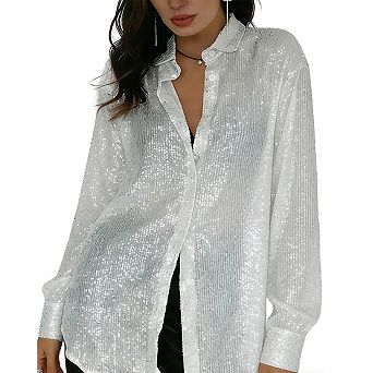 Women's Sparkly Button Down Shirt Long Sleeve Collared Oversized Blouse Party Night Out Top