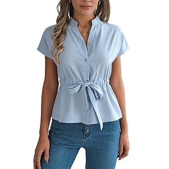 Women's Short Sleeve Blouse Button Down Tie Waist Peplum Top Elegant V-Neck Casual Workwear Shirt