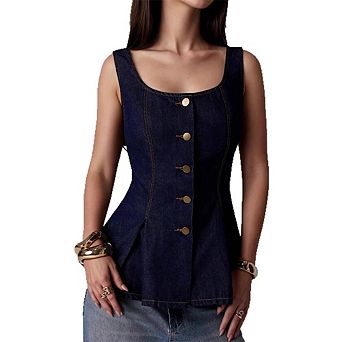 Women's Denim Look Peplum Tank Top Square Neck Button Front Sleeveless Casual Blouse