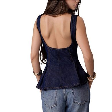 Women's Denim Look Peplum Tank Top Square Neck Button Front Sleeveless Casual Blouse