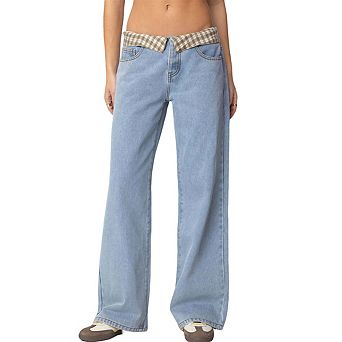 Women's Plaid Low Waist Wide Leg Jeans Loose Fit Denim Pants Light Wash Casual Streetwear Trousers