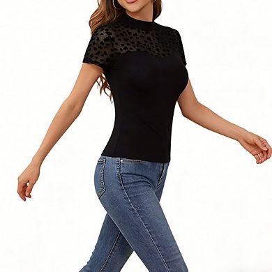 Women's Mock Neck Heart Mesh Top Short Sleeve Sheer Panel Slim Fit Casual Blouse