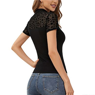 Women's Mock Neck Heart Mesh Top Short Sleeve Sheer Panel Slim Fit Casual Blouse