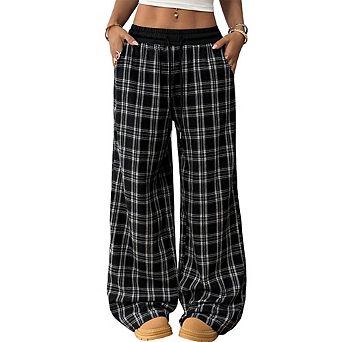 Women's Wide Leg Pants Elastic High Waist Drawstring Loose Trousers Casual Plaid Palazzo Pants