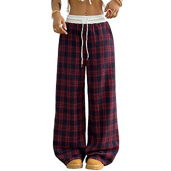 Women's Wide Leg Pants Elastic High Waist Drawstring Loose Trousers Casual Plaid Palazzo Pants