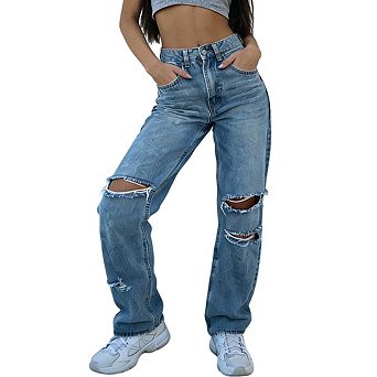 Women's High Waisted Ripped Wide Leg Jeans Distressed Knee Cut Loose Fit Casual Denim Jeans Pants