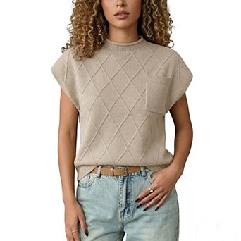 Women's Plus Size Knit Vest Top Cap Sleeve Crew Neck Pocketed Sweater Vest for Casual Layering
