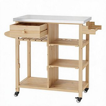 Outdoor Grill Cart ,Stainless Steel Top, Wood Prep Table, Drawer, Open Shelves, Lockable Wheels