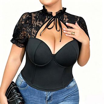 Plus Size Lace Bustier Crop Top, Puff Sleeve Tie Neck Corset Top for Women