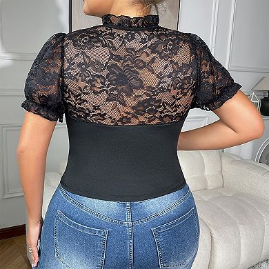 Plus Size Lace Bustier Crop Top, Puff Sleeve Tie Neck Corset Top for Women