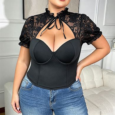 Plus Size Lace Bustier Crop Top, Puff Sleeve Tie Neck Corset Top for Women