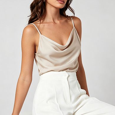 Women's Satin Cowl Neck Cami Top, Adjustable Spaghetti Strap Silky Camisole for Office & Casual