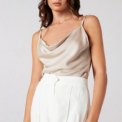 Women's Satin Cowl Neck Cami Top, Adjustable Spaghetti Strap Silky Camisole for Office & Casual